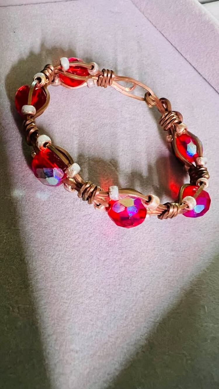 Handmade Copper Wire Wrapped Red Bead Bracelet